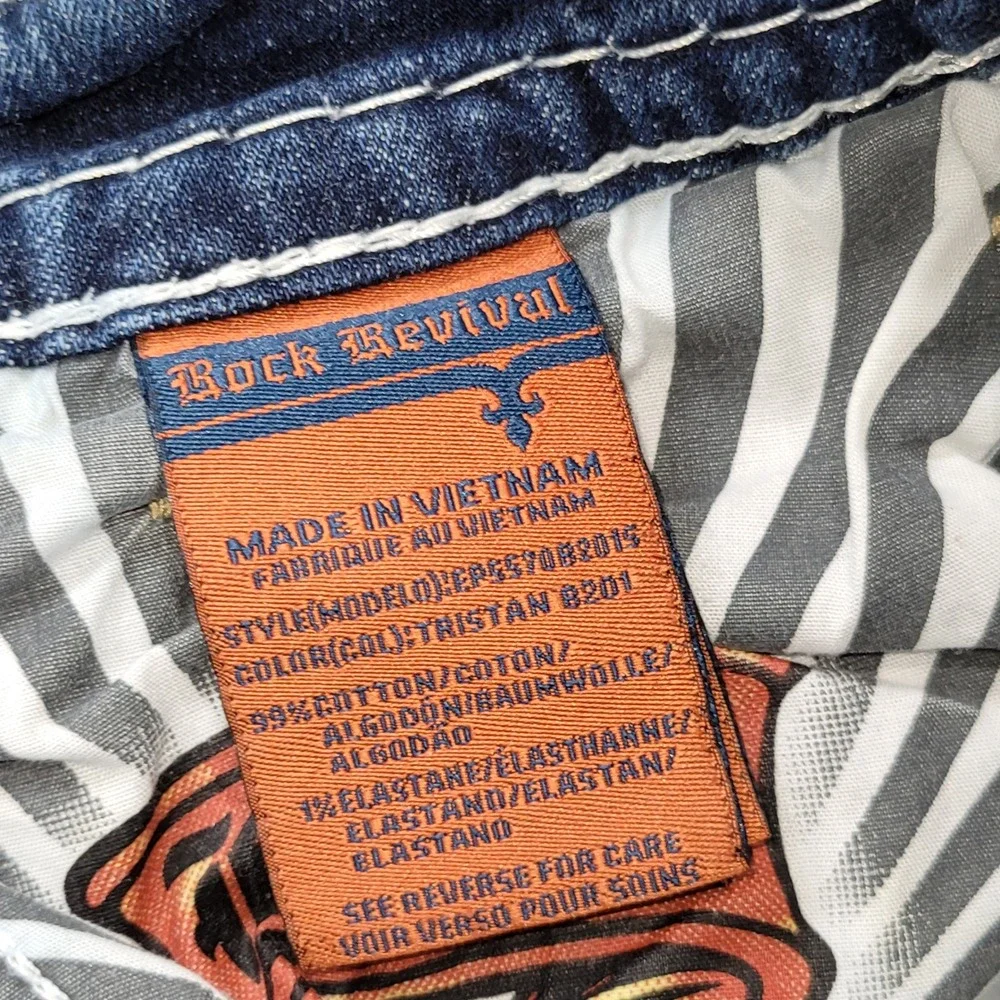 Rock Revival Tristan Bootcut Jeans Mens 33 Distressed Embroidered Blue Denim
